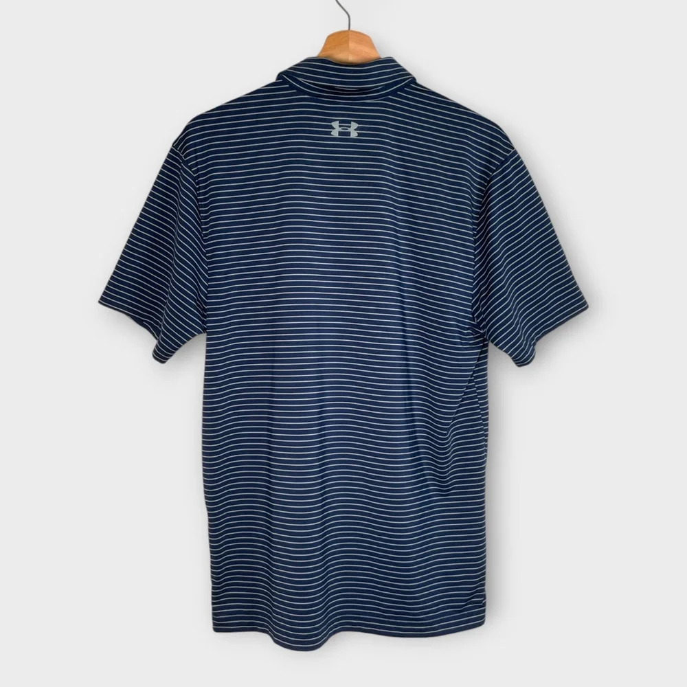 🦜 Under Armour Heatgear Polo Shirt Mens MEDIUM Blue Striped Polyester Golf - Picture 2 of 6